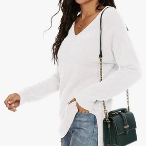 White Fuzzy Knit V-Neck Side Split Sweater